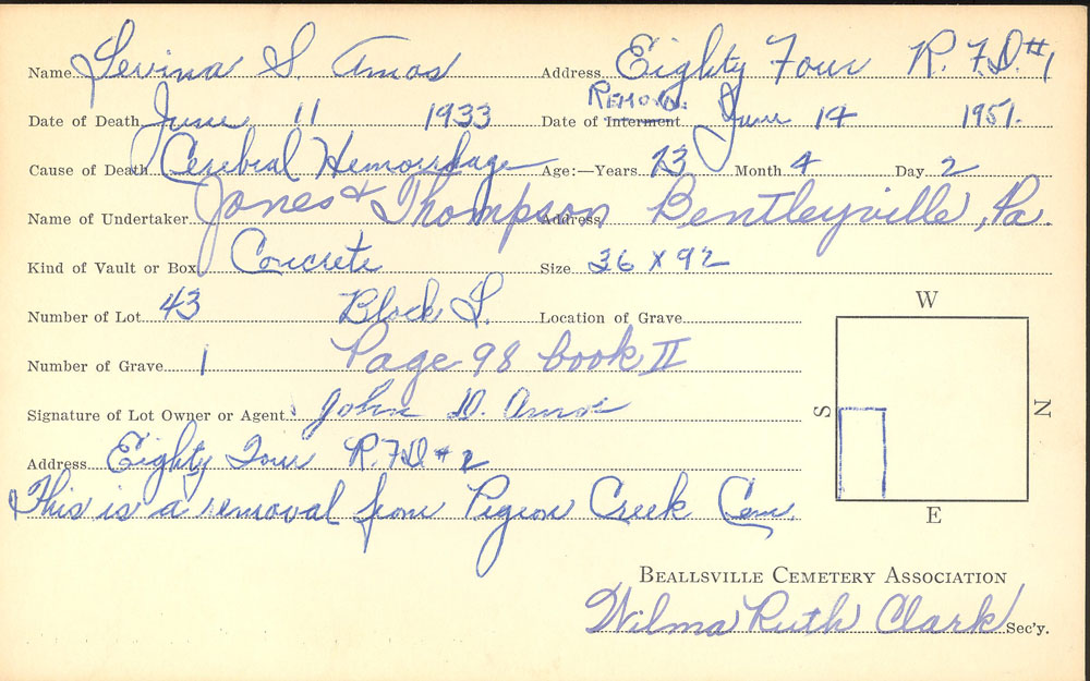 Levina S. Amos burial card